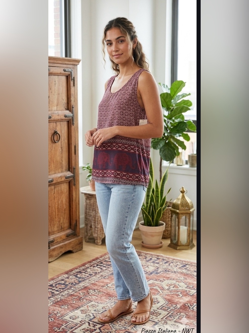 NWT Piazza Italia Boho Elephant Print Sleeveless Tank Top Size S Maroon